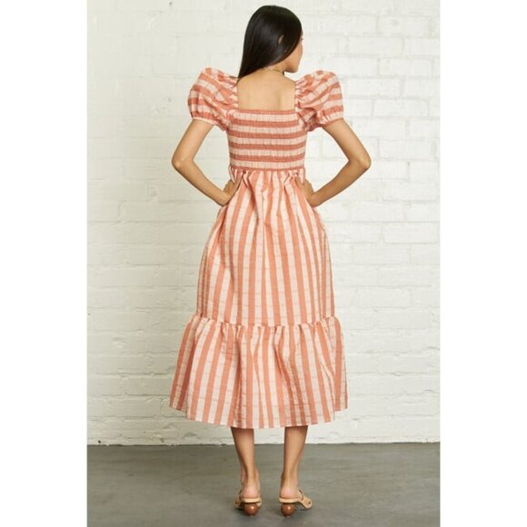 dRA Los Angeles NWT Sz S‎ Peach Stripe Smocked Organza Midi Dress Puff Sleeve - Picture 12 of 14